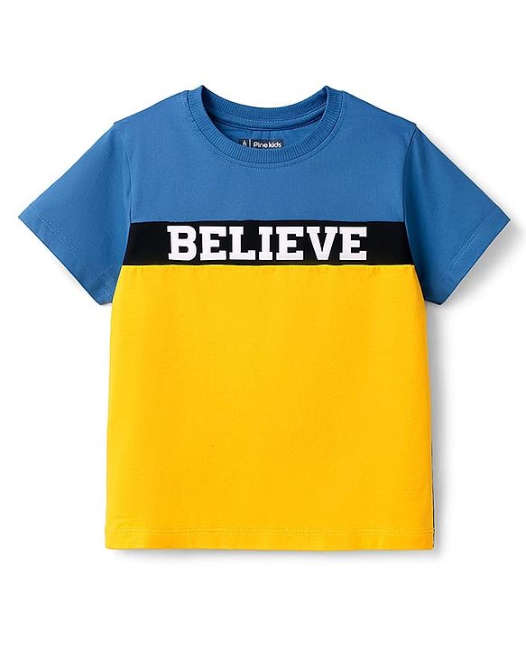Pine Kids Single Jersey Knit Half Sleeves T-Shirt & Shorts Set with Believe Print - Blue Yellow & Black