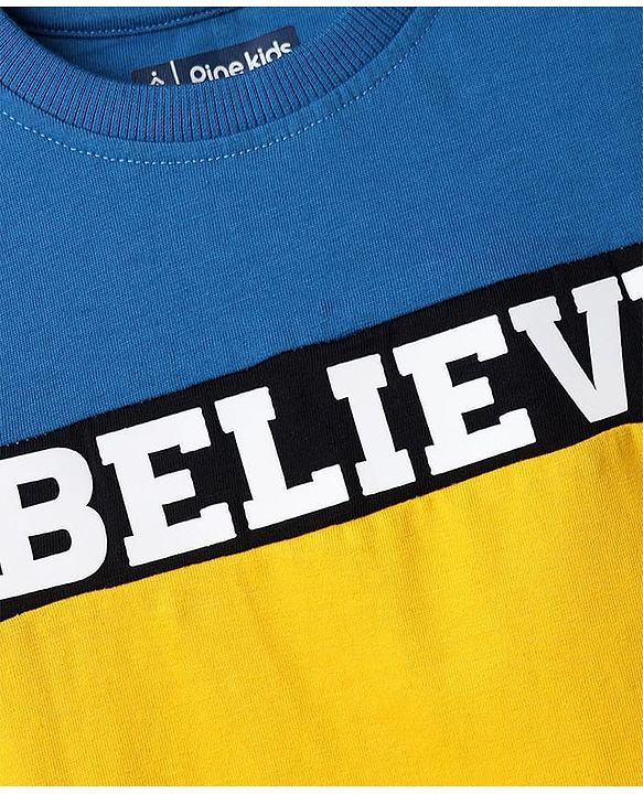 Pine Kids Single Jersey Knit Half Sleeves T-Shirt & Shorts Set with Believe Print - Blue Yellow & Black