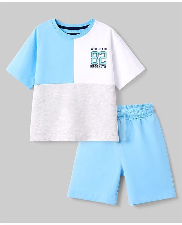 Pine Kids Single Jersey Knit Drop Shoulder Sleeves T-Shirt & Shorts Set - Blue