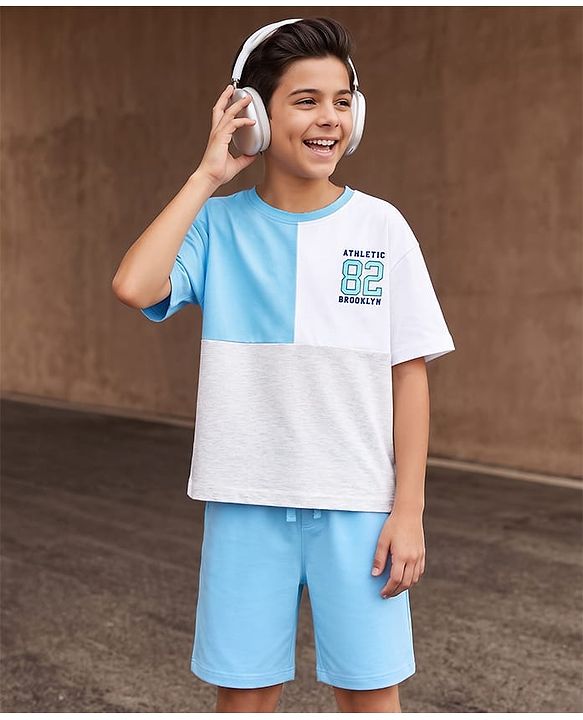 Pine Kids Single Jersey Knit Drop Shoulder Sleeves T-Shirt & Shorts Set - Blue