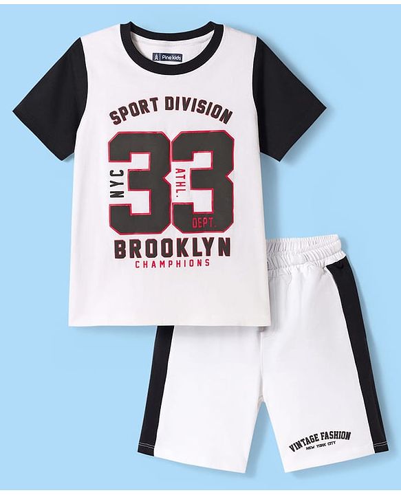 Pine Kids Single Jersey Knit Half Sleeves Numerical & Text Printed T-Shirt & Shorts Set - White