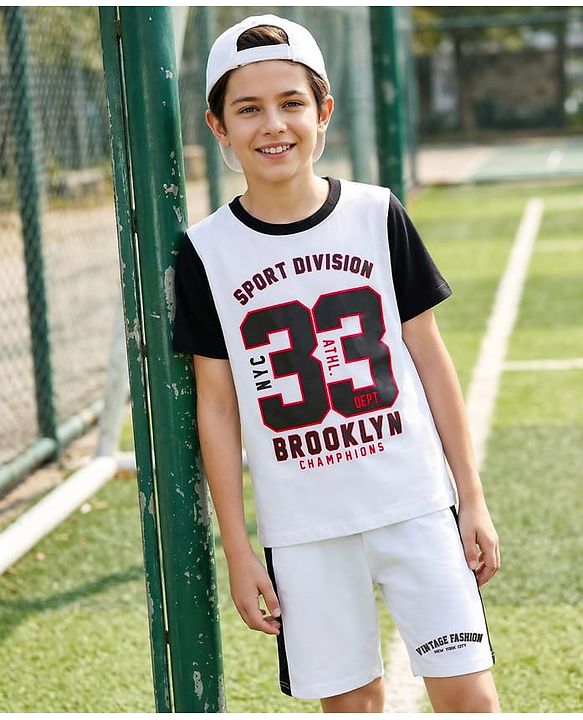 Pine Kids Single Jersey Knit Half Sleeves Numerical & Text Printed T-Shirt & Shorts Set - White