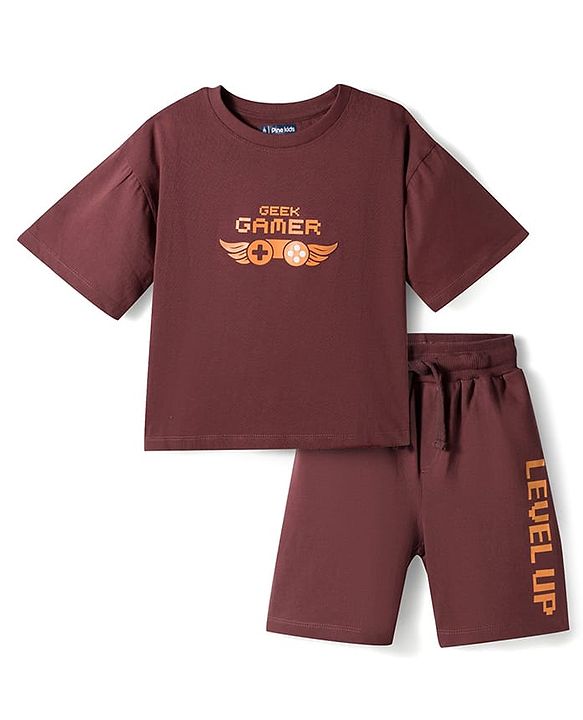 Pine Kids Single Jersey Knit Drop Half Sleeves T-Shirt & Shorts Set with Game Print - Brown