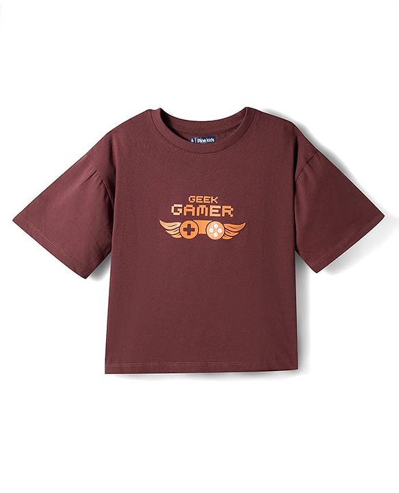 Pine Kids Single Jersey Knit Drop Half Sleeves T-Shirt & Shorts Set with Game Print - Brown