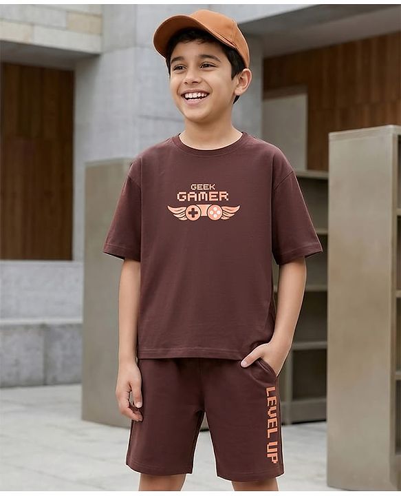 Pine Kids Single Jersey Knit Drop Half Sleeves T-Shirt & Shorts Set with Game Print - Brown