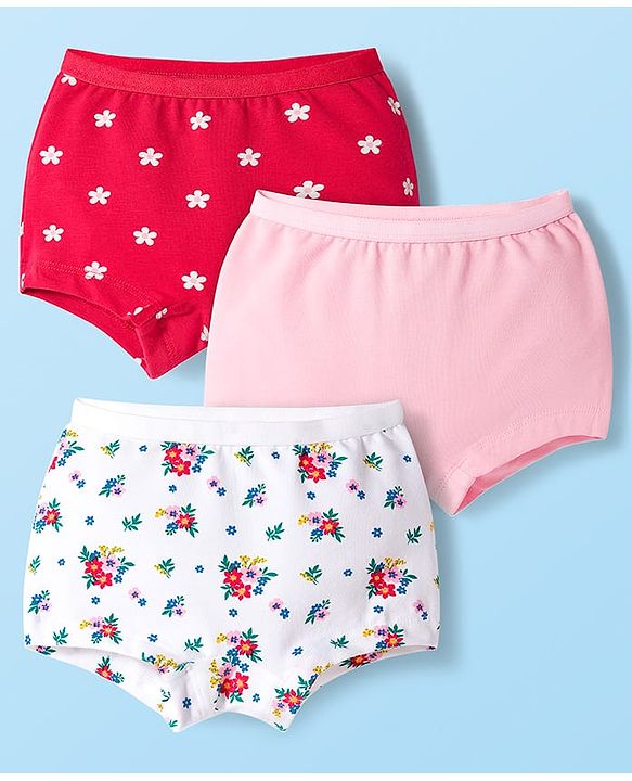 Babyhug  Cotton Lycra Knit Hipster With Floral Print Pack Of 3 - Red Pink & White