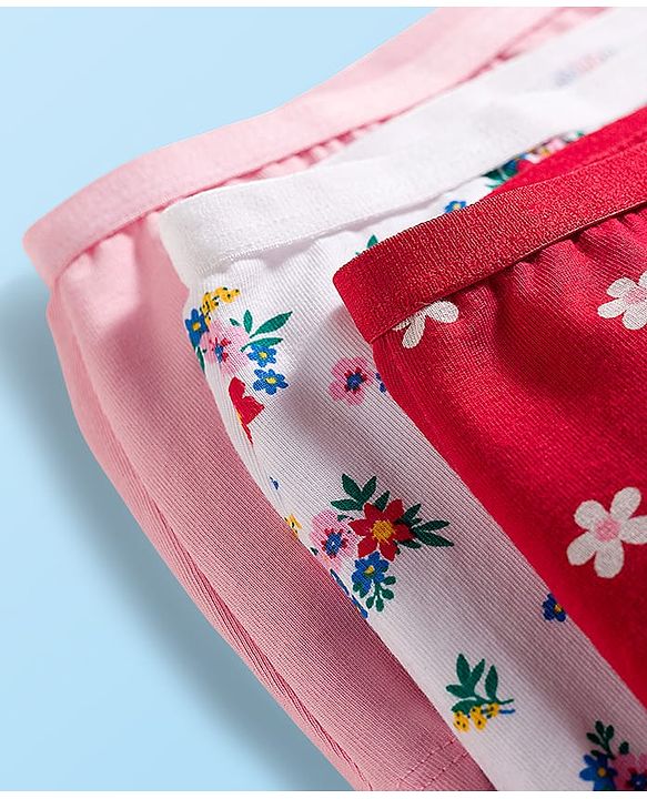 Babyhug  Cotton Lycra Knit Hipster With Floral Print Pack Of 3 - Red Pink & White