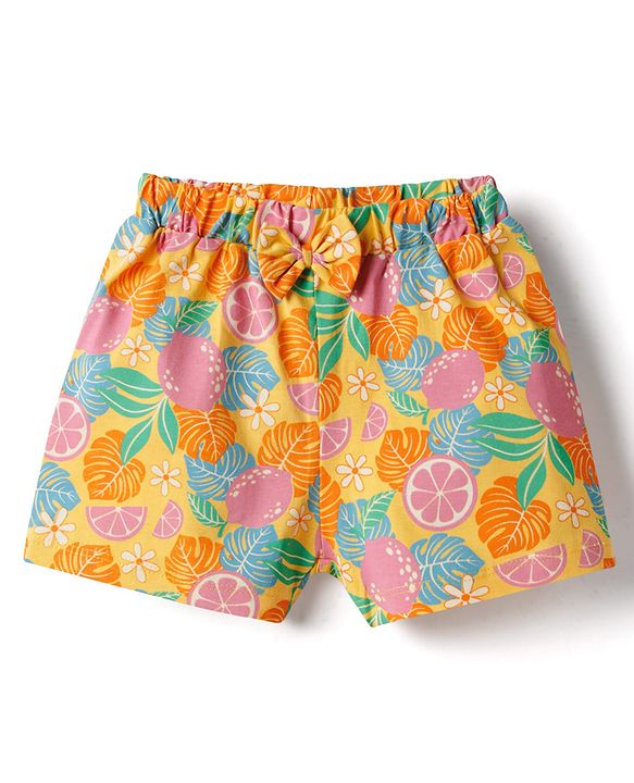 Babyhug Single Jersey Knit Mid Thigh Shorts with Floral Print & Bow Applique Pack of 2 - Multicolor
