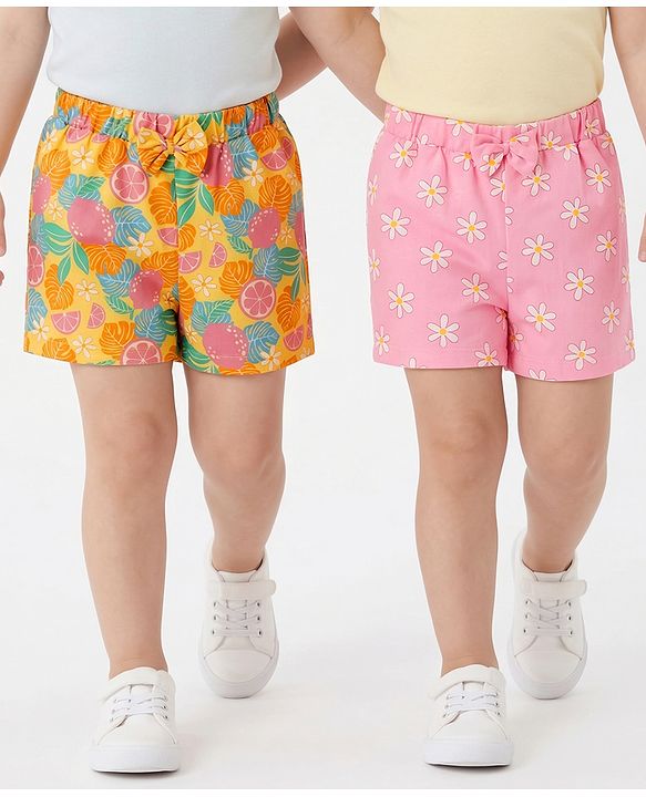 Babyhug Single Jersey Knit Mid Thigh Shorts with Floral Print & Bow Applique Pack of 2 - Multicolor