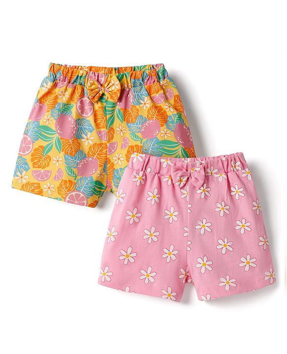 Babyhug Single Jersey Knit Mid Thigh Shorts with Floral Print & Bow Applique Pack of 2 - Multicolor