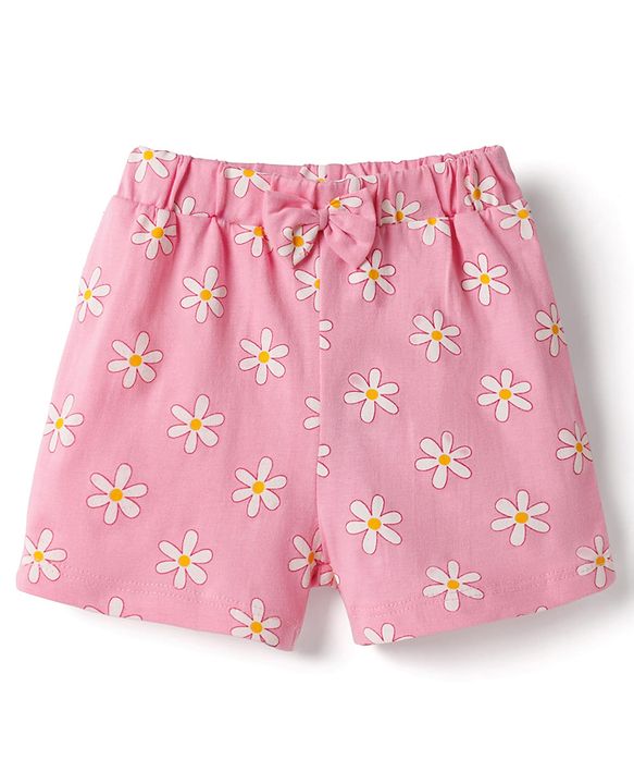 Babyhug Single Jersey Knit Mid Thigh Shorts with Floral Print & Bow Applique Pack of 2 - Multicolor