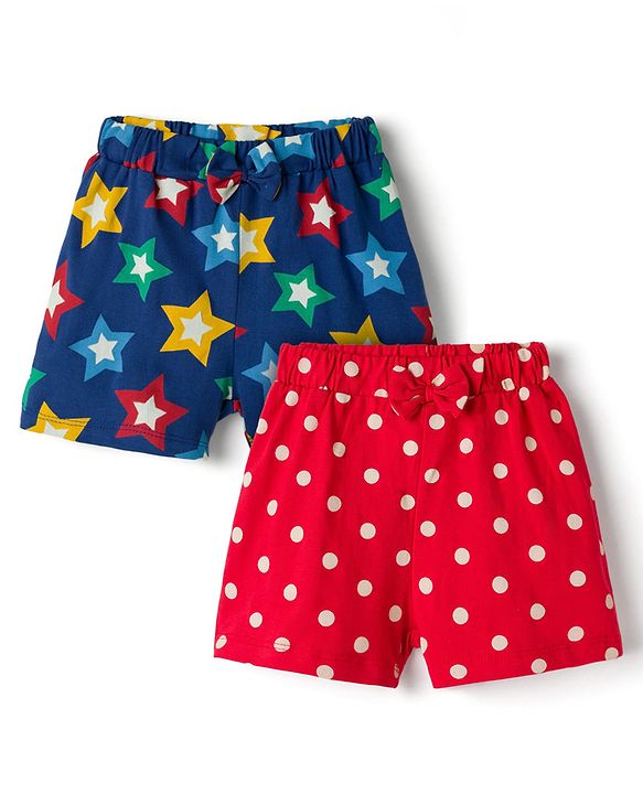 Babyhug Single Jersey Knit Mid Thigh Shorts with Polka Dot Star Print & Bow Applique Pack of 2 - Multicolor