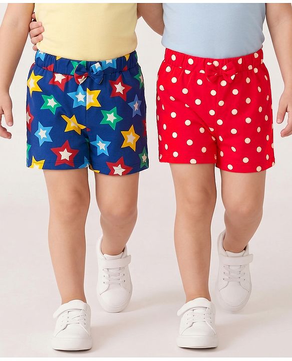 Babyhug Single Jersey Knit Mid Thigh Shorts with Polka Dot Star Print & Bow Applique Pack of 2 - Multicolor