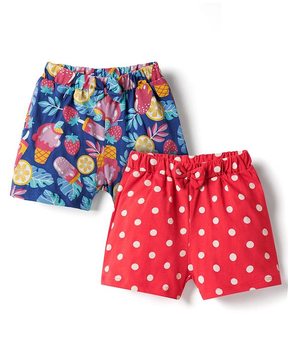 Babyhug Single Jersey Knit Mid Thigh Shorts with Tropical Theme Print & Bow Applique Pack of 2 - Multicolor