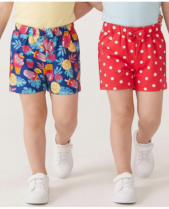Babyhug Single Jersey Knit Mid Thigh Shorts with Tropical Theme Print & Bow Applique Pack of 2 - Multicolor