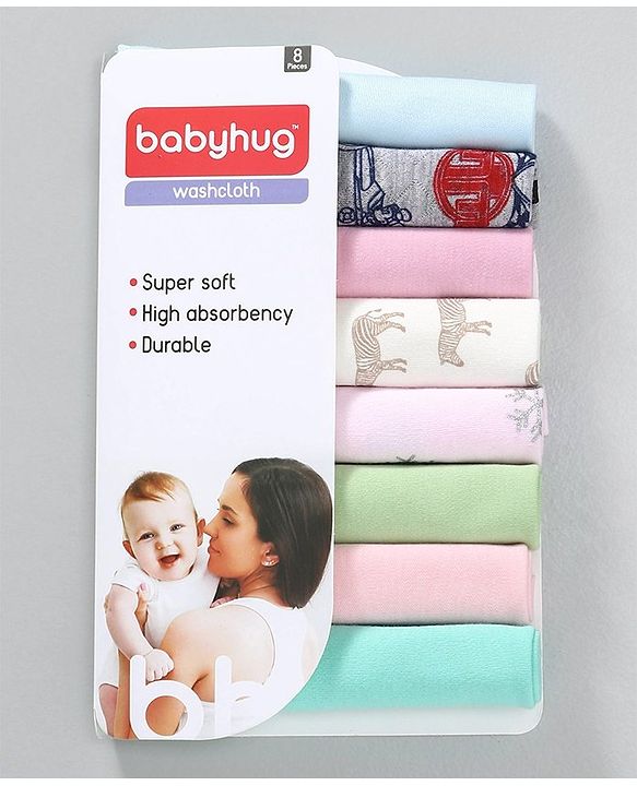 Babyhug Wash Clothes Plain & Printed Multi Colour - Pack of 8
