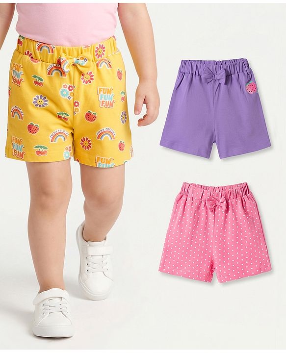 Babyhug Single Jersey Knit Mid Thigh Printed Shorts with Bow Applique Pack of 3 - Multicolor