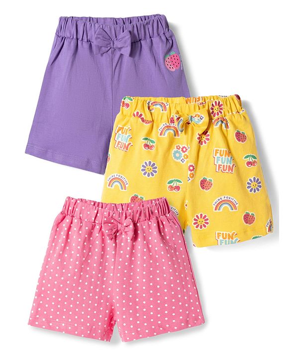 Babyhug Single Jersey Knit Mid Thigh Printed Shorts with Bow Applique Pack of 3 - Multicolor