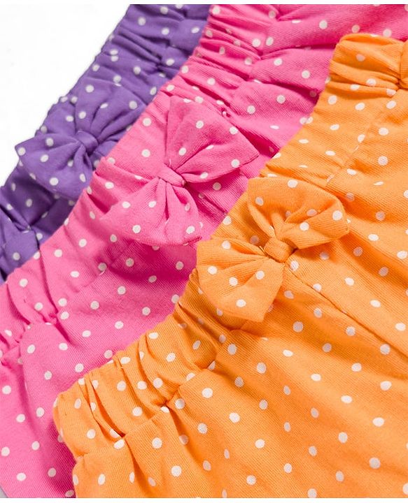Babyhug Single Jersey Knit Mid Thigh Polka Dots Printed Shorts With Bow Applique Pack Of 3 - Multicolour