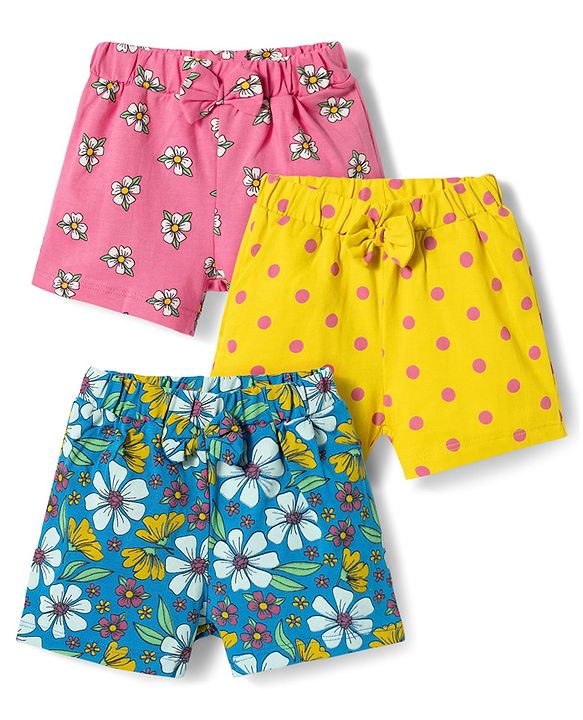 Babyhug Single Jersey Knit Mid Thigh Floral Printed Shorts with Bow Applique Pack of 3 - Multicolor