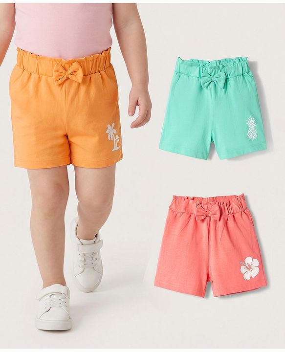 Babyhug Single Jersey Knit Mid Thigh Tropical Theme Printed Shorts with Bow Applique Pack of 3 - Multicolor