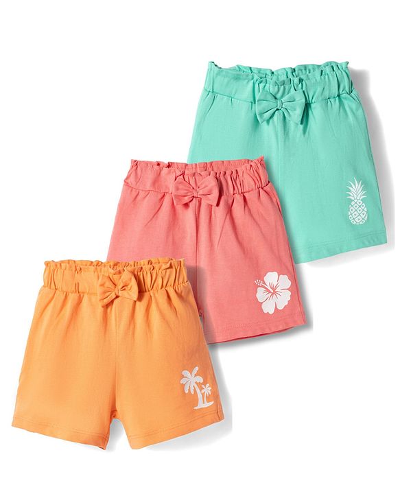 Babyhug Single Jersey Knit Mid Thigh Tropical Theme Printed Shorts with Bow Applique Pack of 3 - Multicolor
