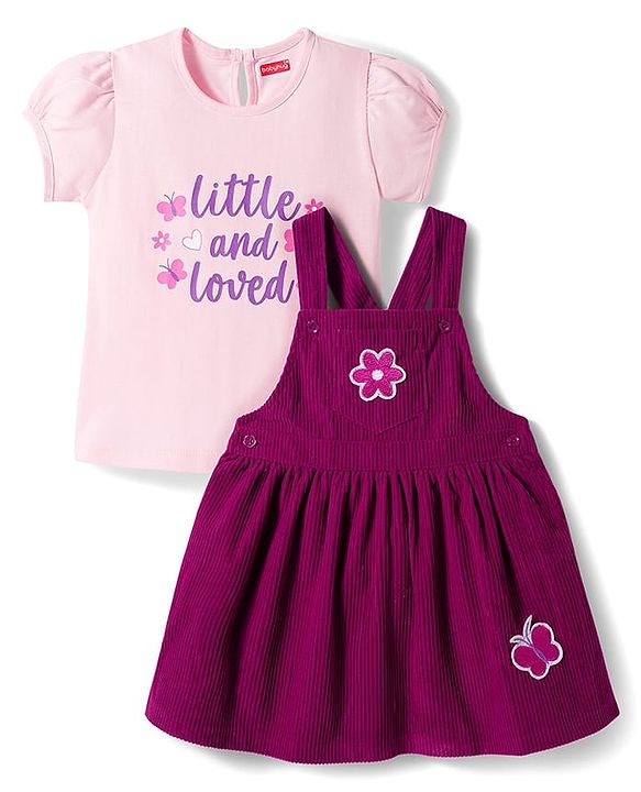 Babyhug Cotton Woven Half Sleeves Pinafore Frock with Inner Tee & Little and Loved Print - Light Purple & Wine