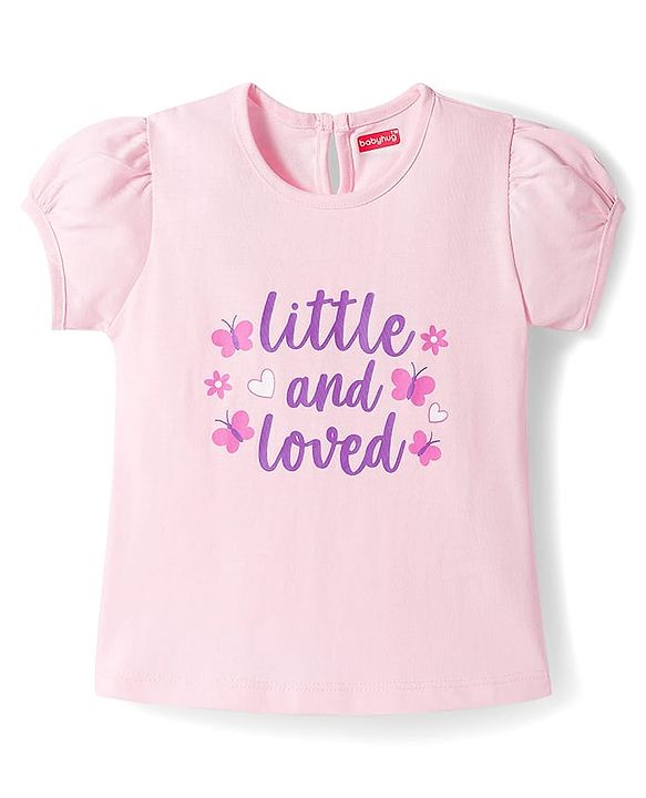 Babyhug Cotton Woven Half Sleeves Pinafore Frock with Inner Tee & Little and Loved Print - Light Purple & Wine