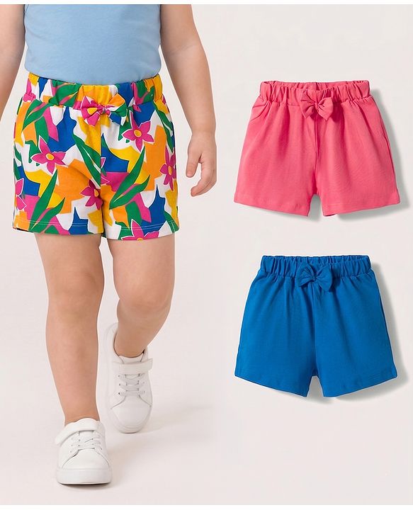 Babyhug Single Jersey Knit Mid Thigh Floral Printed Shorts with Bow Applique Pack of 3 - Multicolor