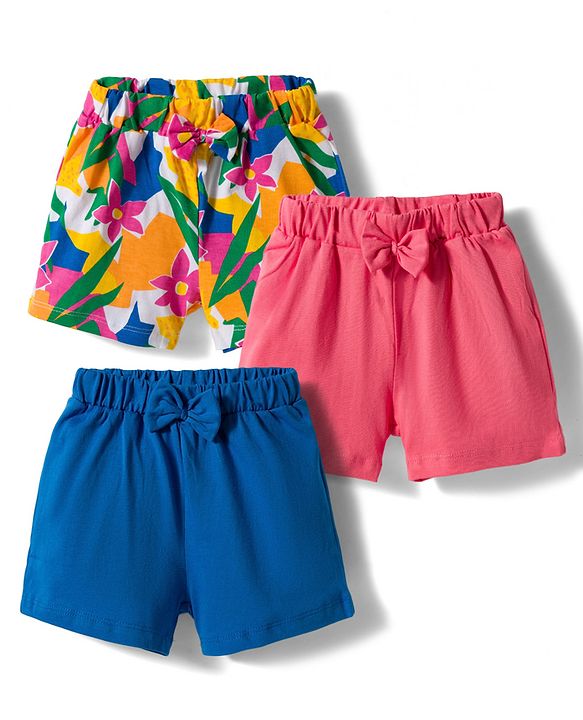 Babyhug Single Jersey Knit Mid Thigh Floral Printed Shorts with Bow Applique Pack of 3 - Multicolor