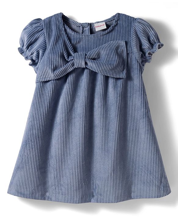Babyhug Cotton Woven Half Sleeves Solid Frock With Bow Applique - Blue