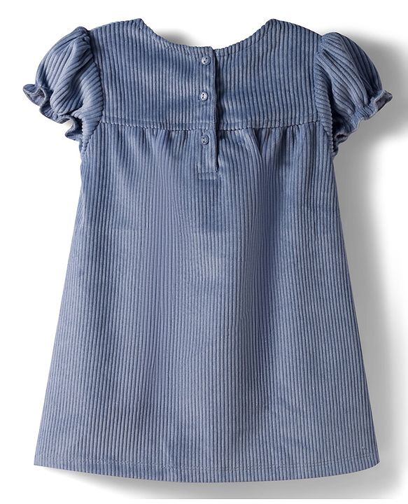 Babyhug Cotton Woven Half Sleeves Solid Frock With Bow Applique - Blue