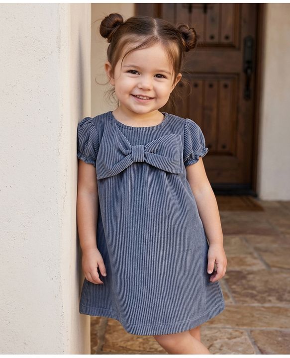 Babyhug Cotton Woven Half Sleeves Solid Frock With Bow Applique - Blue