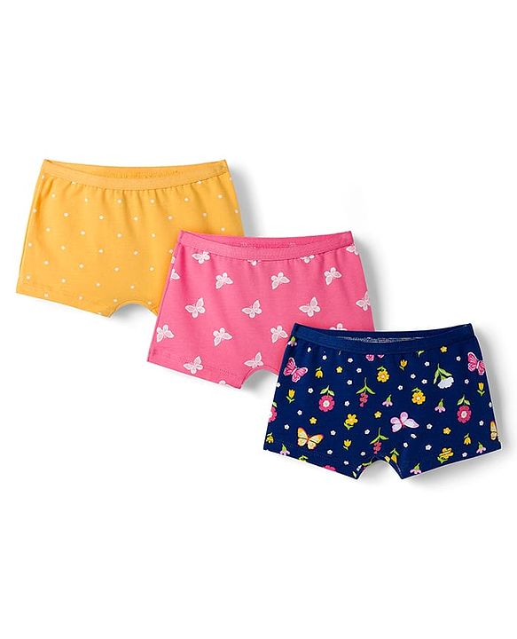 Babyhug Cotton Lycra Knit Hipster With Floral Print Pack Of 3 - Pink Navy Blue & Yellow