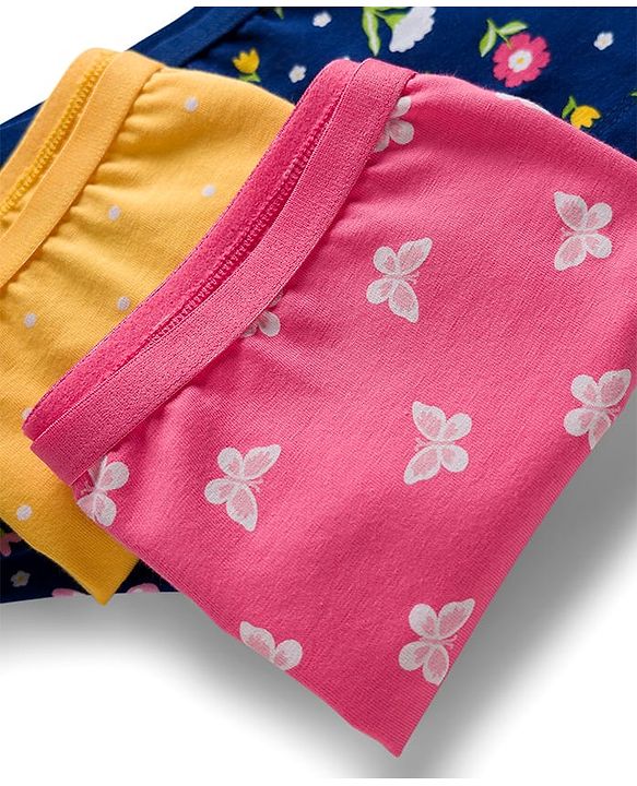 Babyhug Cotton Lycra Knit Hipster With Floral Print Pack Of 3 - Pink Navy Blue & Yellow