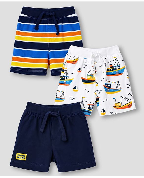 Babyhug 100% Cotton Single Jersey Knit Mid Thigh Nautical Theme Printed & Striped Shorts Pack of 3 - Multicolor