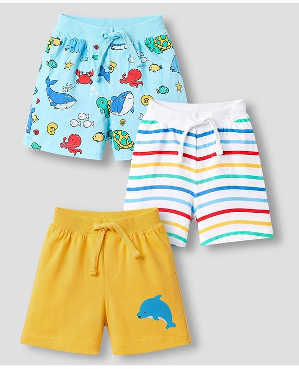 Babyhug Single Jersey Knit Mid Thigh Striped & Sea Life Printed Shorts Pack Of 3 - Multicolor