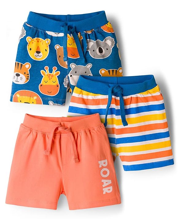 Babyhug Single Jersey Knit Mid Thigh Shorts with Animal Print Pack of 3 - Multicolor