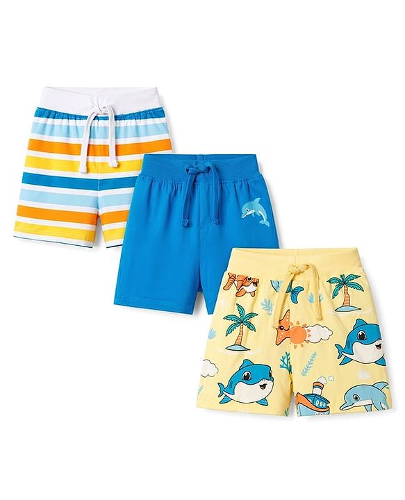 Babyhug Single Jersey Knit Mid Thigh Striped & Printed Shorts Pack of 3 - Multicolor