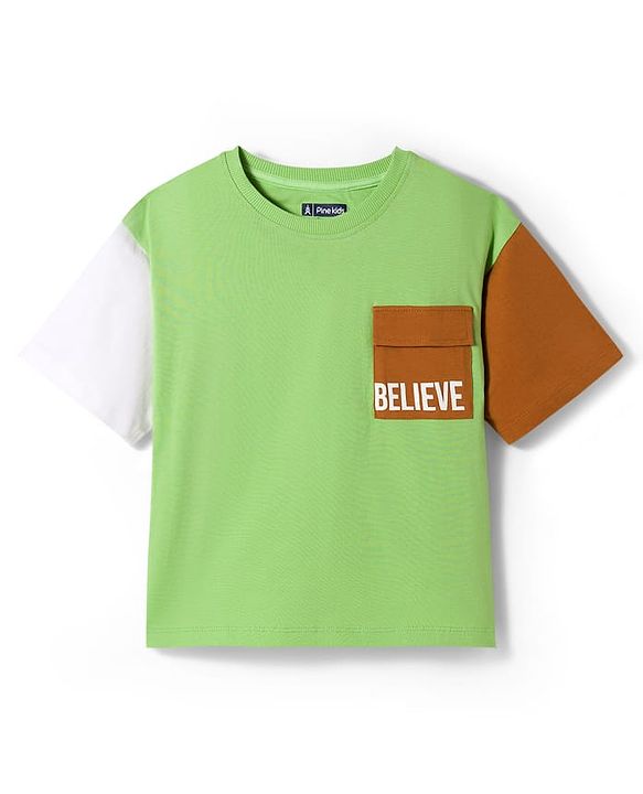 Pine Kids Single Jersey Knit Half Sleeves T-Shirt & Shorts Set with Believe Print - Light Green & Brown