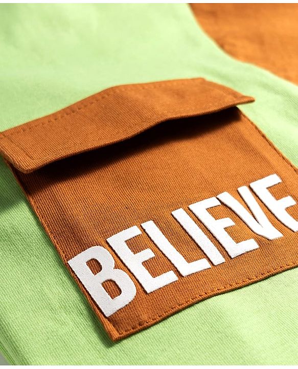 Pine Kids Single Jersey Knit Half Sleeves T-Shirt & Shorts Set with Believe Print - Light Green & Brown
