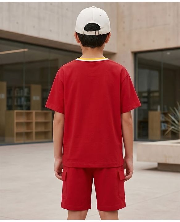 Pine Kids Single Jersey Knit Drop Shoulder Sleeves T-Shirt & Shorts Set With Text Print - Red