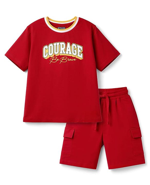 Pine Kids Single Jersey Knit Drop Shoulder Sleeves T-Shirt & Shorts Set With Text Print - Red