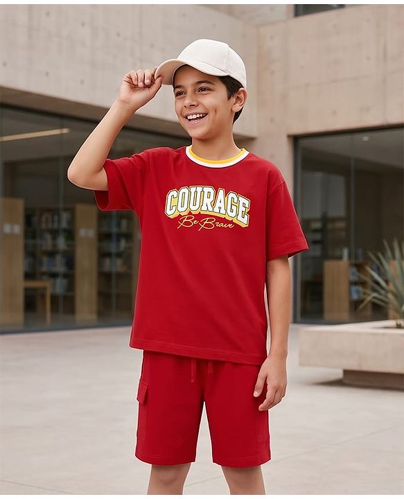 Pine Kids Single Jersey Knit Drop Shoulder Sleeves T-Shirt & Shorts Set With Text Print - Red