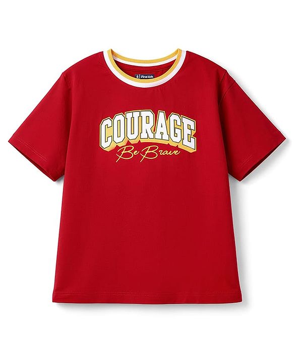 Pine Kids Single Jersey Knit Drop Shoulder Sleeves T-Shirt & Shorts Set With Text Print - Red