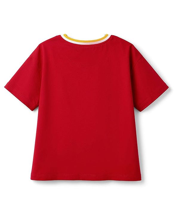 Pine Kids Single Jersey Knit Drop Shoulder Sleeves T-Shirt & Shorts Set With Text Print - Red