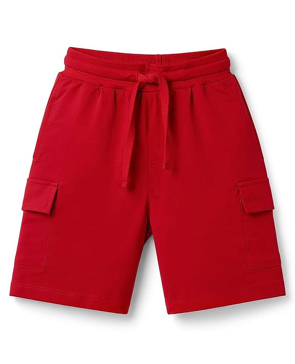 Pine Kids Single Jersey Knit Drop Shoulder Sleeves T-Shirt & Shorts Set With Text Print - Red