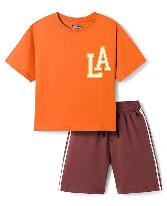 Pine Kids Single Jersey Knit Half Sleeves Text Printed T-Shirt & Shorts Set - Orange