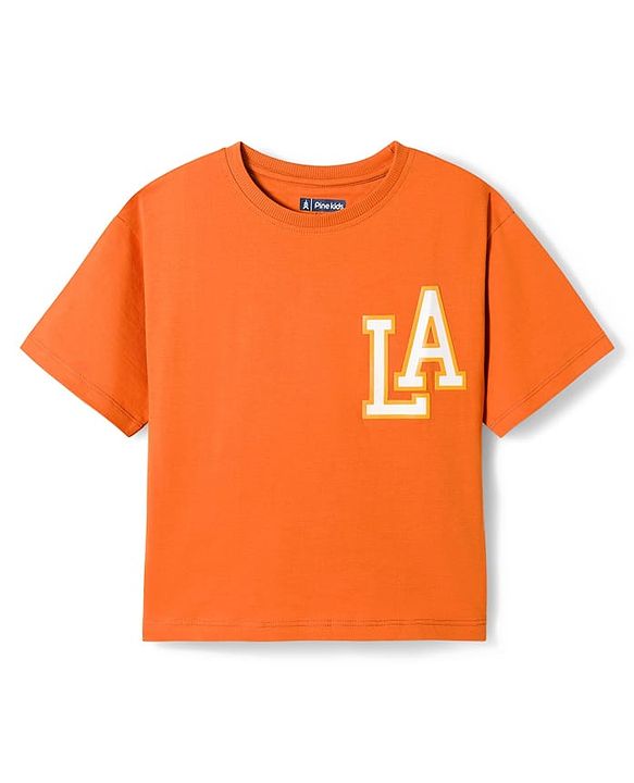 Pine Kids Single Jersey Knit Half Sleeves Text Printed T-Shirt & Shorts Set - Orange