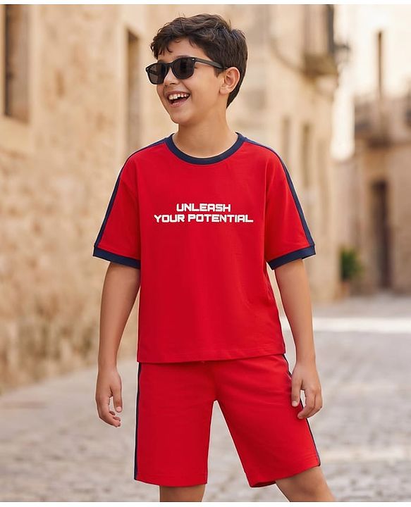 Pine Kids Single Jersey Knit Half Sleeves T-Shirt & Shorts Set with Unleash Your Potential Print & Tape Detailing - Red